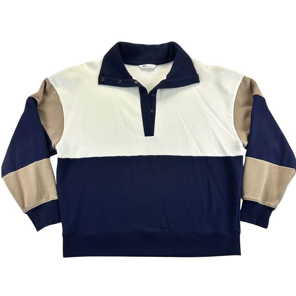 DSG Mens Colorblock Fleece Pullover Navy Cream Tan Snap Neck Sweatshirt Large